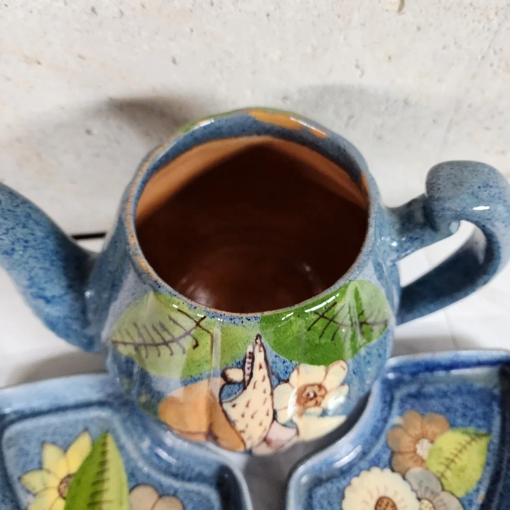 Vintage TLAQUEPAQUE Mexican COFFEE / TEA POT Art Deco‎ Magical Plates Set